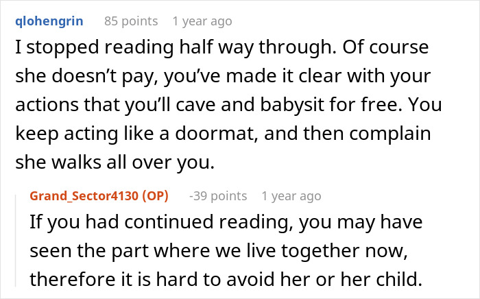 Comments discussing a woman throwing a fit when her sibling refuses to babysit her child all summer for free.