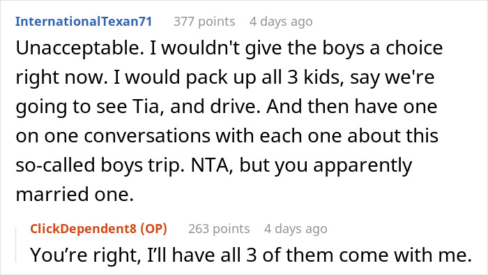 Man reacts to daughter being left out of boys trip as wife plans a special day out to make it up to her.