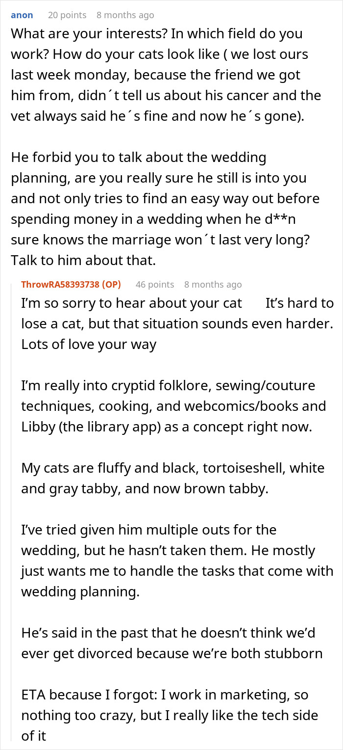 Text of online conversation about woman facing loneliness as fianc&eacute; bans topics, discussing wedding and communication struggles.