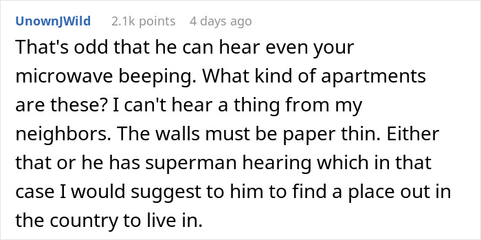 Text comment about neighbor complained noisy coffee grinder, questioning apartment walls and suggesting moving to the country.