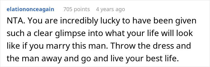 Reddit comment discussing a woman left baffled after her wedding dress was ruined by MIL who demanded to try it on.