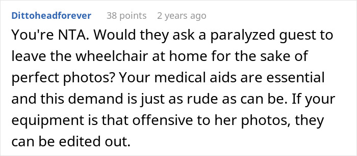 Reddit comment discussing a woman refusing to risk her health for her sister&rsquo;s wedding photo aesthetic upsetting the family.