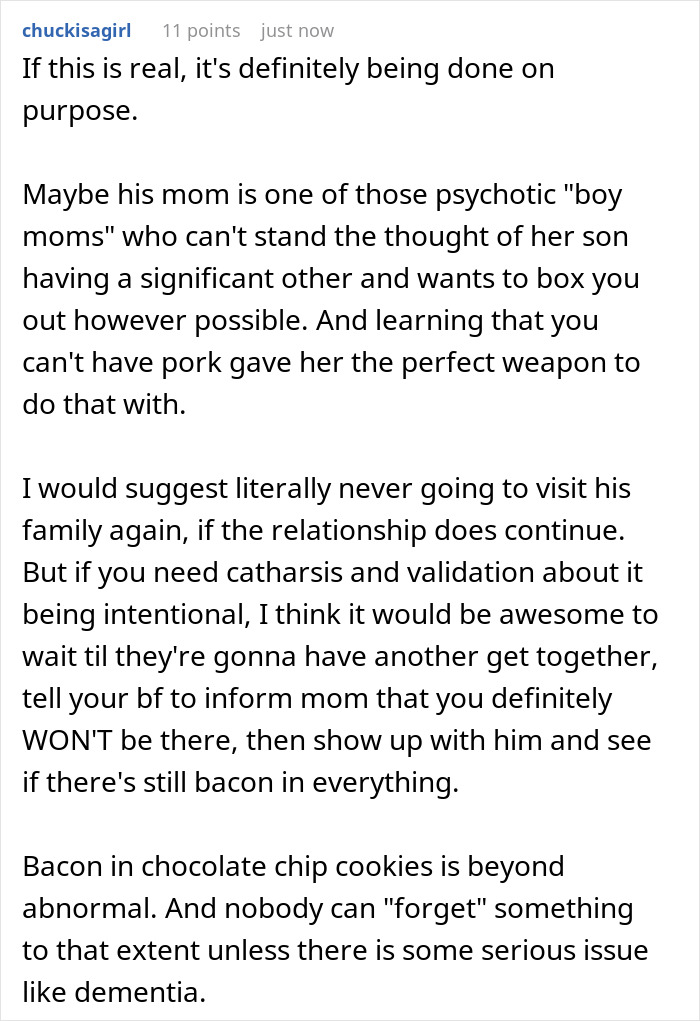 Reddit comment discussing intentional use of bacon in everything by boyfriend&rsquo;s family despite Jewish dietary restrictions.