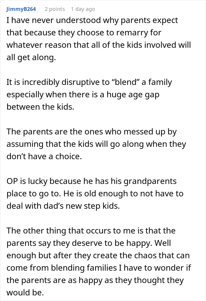 Comment discussing challenges of teen refusing blended family role and stepmom expecting babysitting duties despite conflicts.