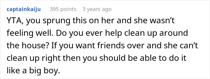 Reddit comment discussing husband losing it over messy home and blaming ill wife for not cleaning before guests arrived.