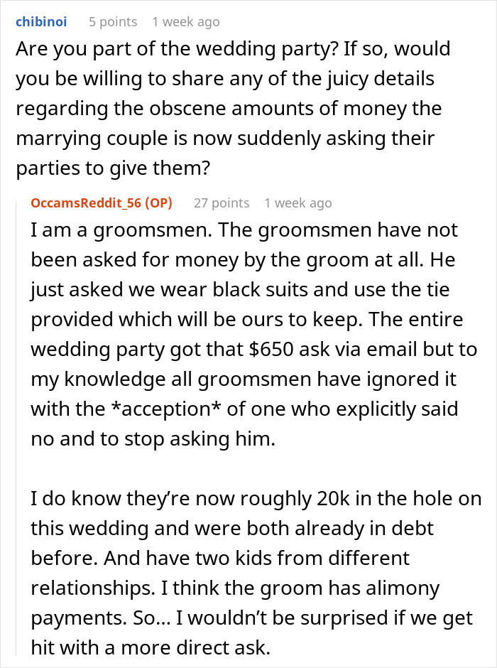 Reddit conversation about date changed last minute wedding shaming and unexpected financial demands on wedding party members.