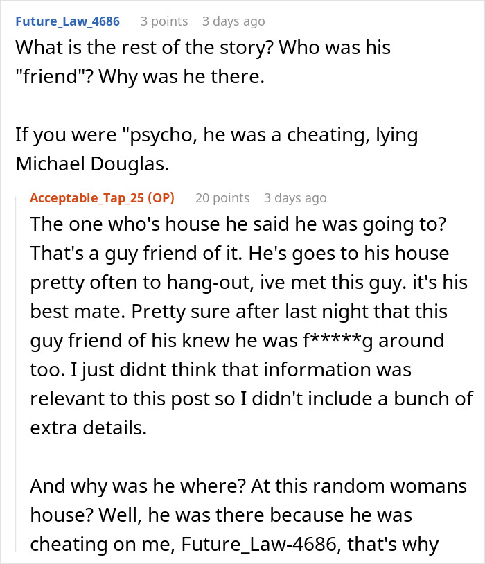 Reddit conversation discussing woman confronting cheating boyfriend and accusations of being a crazy psycho.