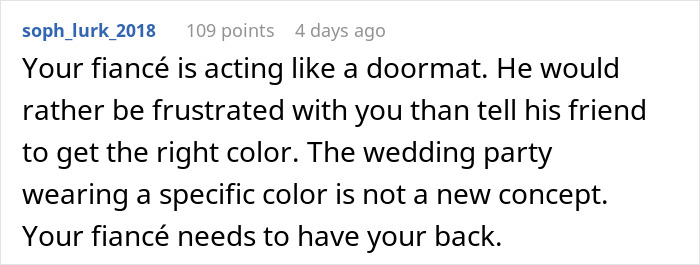 Comment discussing frustration over wedding party outfit colors and the bride&rsquo;s stereotypical American expectations.