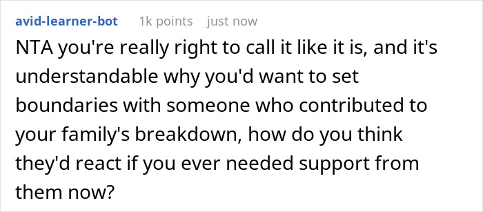 Comment defending daughter setting boundaries after mom marries affair partner following dad&rsquo;s passing.