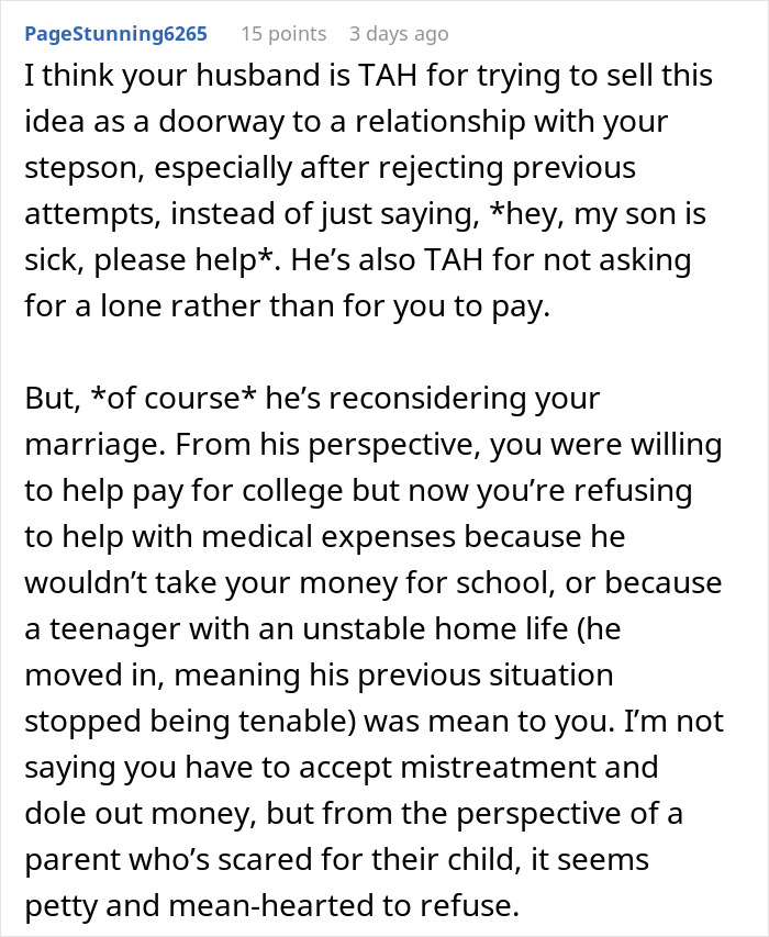 Text from a Reddit comment discussing a husband’s request to pay for his stepson’s surgery and the resulting family conflict. Text from a Reddit comment discussing a husband’s request to pay for his stepson’s surgery and the resulting family conflict.