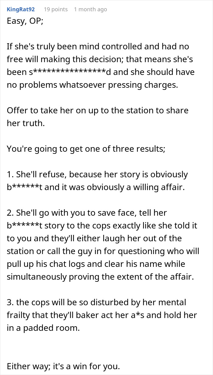 Reddit comment discussing a wife cheating on husband and her unbelievable excuse about being mind-controlled.