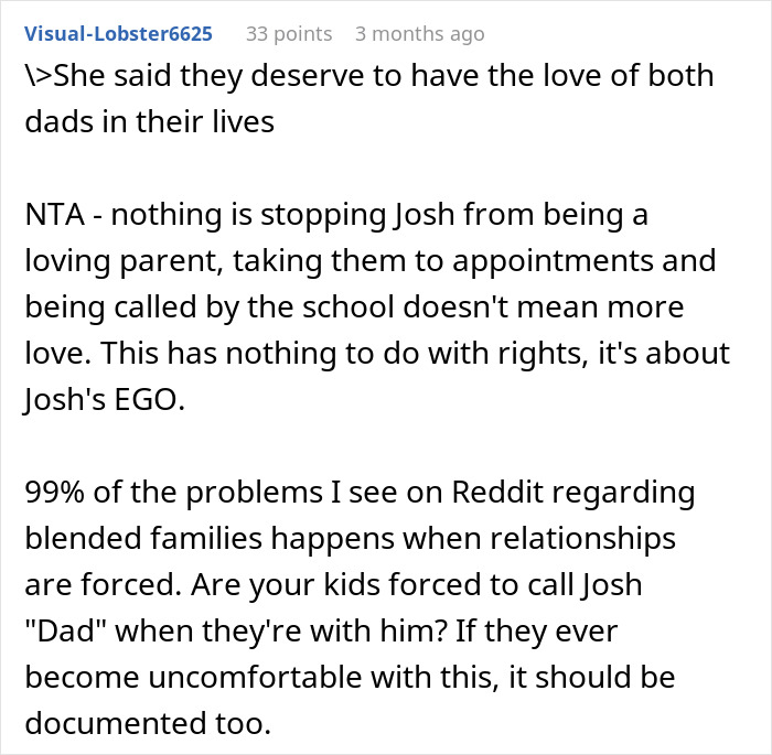 Reddit comment discussing a dad active in kids' life and challenges with ex&rsquo;s new husband in blended family dynamics.