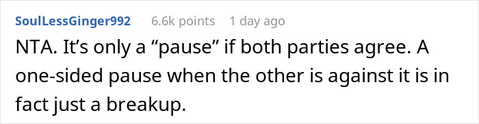 Screenshot of Reddit comment discussing relationship pause and breakup in a text-based online conversation.