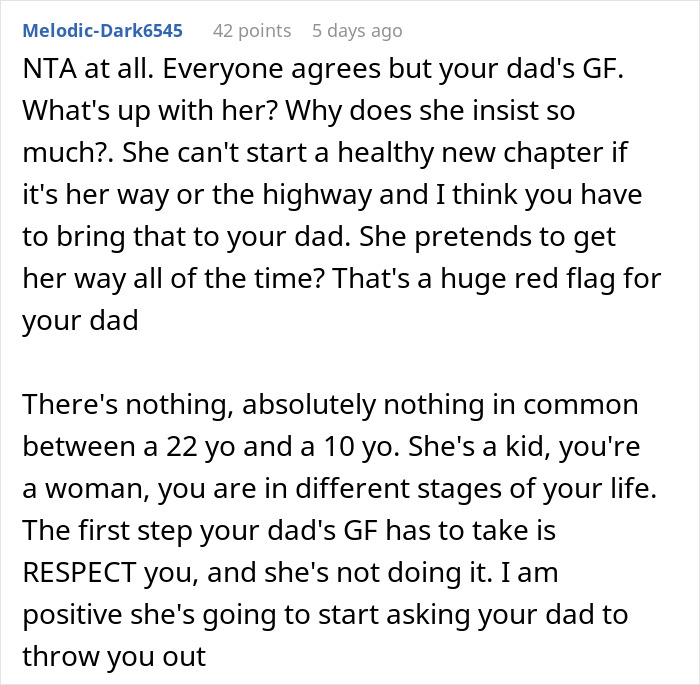 Alt text: Online discussion about 22-year-old confronting dad&rsquo;s girlfriend over living situation with a 10-year-old boy.