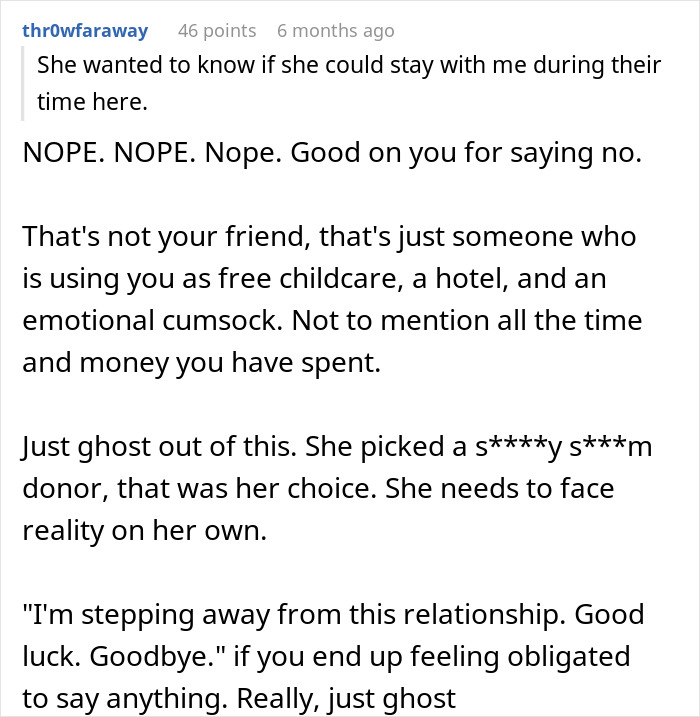 Comment from online forum discussing a woman setting boundaries after her friend used her for free childcare and lodging.