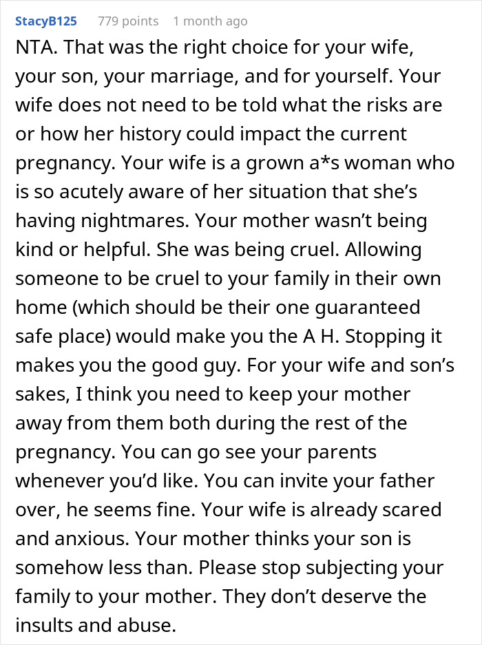 Comment discussing MIL shocked as her son kicks her out over unhinged remarks about wife's pregnancy and family conflicts.