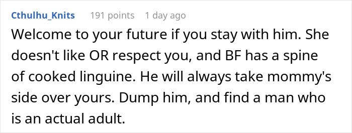 Comment warning woman about being called a downgrade by boyfriend&rsquo;s mom and compared to his classy ex, advising to move on.