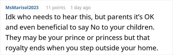 Comment advising parents on the importance of saying no to their children outside the home for better discipline and boundaries.