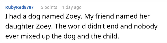 Screenshot of a comment explaining a friend claims cat name for a newborn child without confusion between pet and baby. Screenshot of a comment explaining a friend claims cat name for a newborn child without confusion between pet and baby.