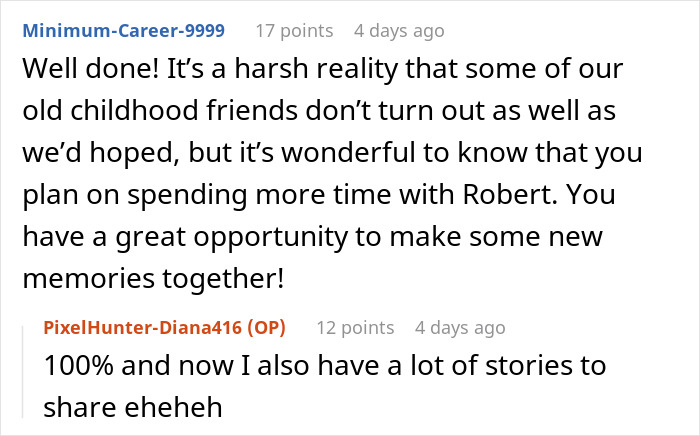 Screenshot of an online conversation about a man learning his childhood friend robbed a kind old man and taking action to turn him in.