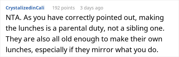 Comment discussing mom guilt-trips son making lunch only for himself, emphasizing parental duty for siblings' lunches.