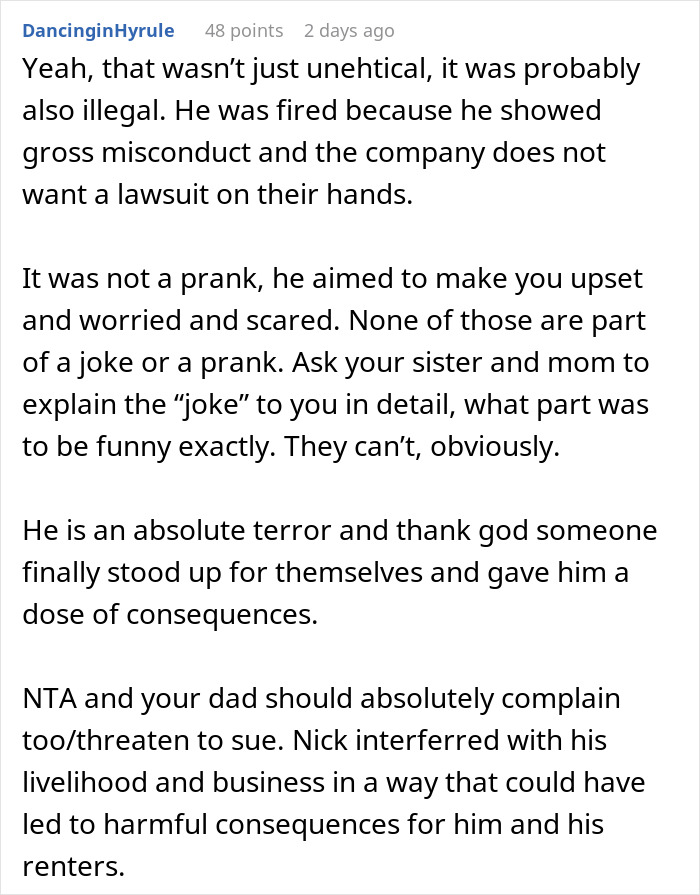 Screenshot of a Reddit comment discussing a man pulling a harmless prank on his girlfriend&rsquo;s sister, leading to panic and revenge.