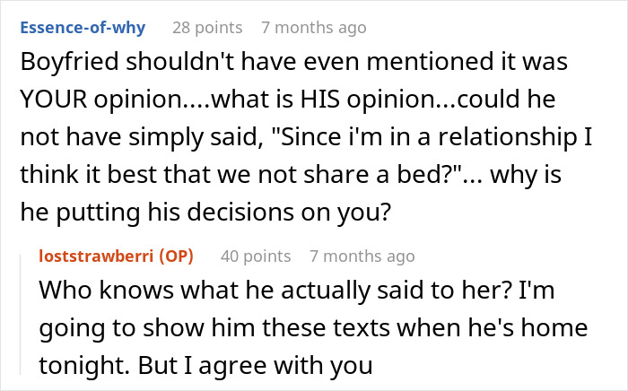 Screenshot of a social media comment thread discussing a woman upset that her friend&rsquo;s girlfriend won&rsquo;t let them sleep in the same bed.