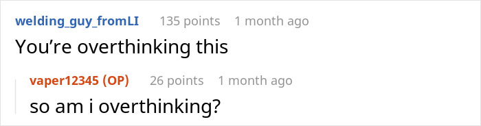 Screenshot of a Reddit conversation showing users discussing overthinking about a woman refusing to wear engagement ring. Screenshot of a Reddit conversation showing users discussing overthinking about a woman refusing to wear engagement ring.