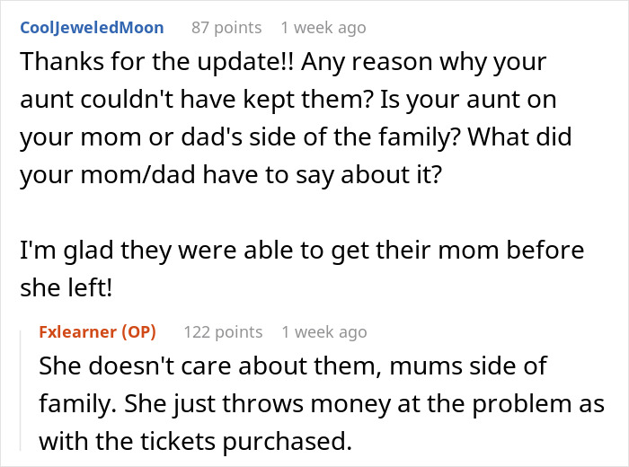 Screenshot of a Reddit conversation about poor parenting and cousin babysitting, discussing family responsibility and custody concerns.