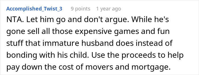 Screenshot of an online comment discussing a husband leaving moving responsibilities to his wife while he travels.