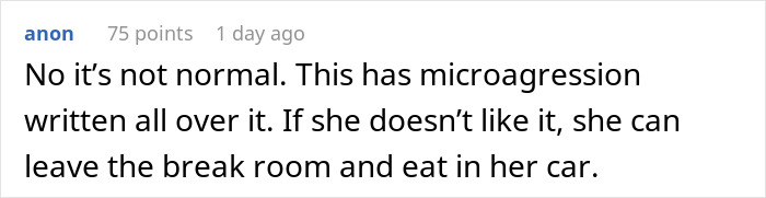 Screenshot of an online comment discussing coworker conflict over a woman&rsquo;s lunch smelling too real at the workplace.