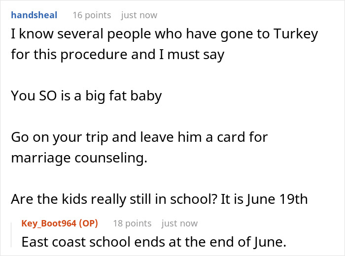 Reddit comments discussing a husband demanding wife cancel plans over her hair transplant surgery and marriage issues.