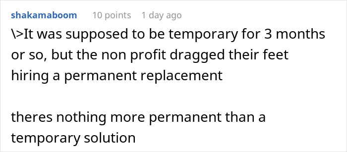 Comment discussing a non-profit accused of employee fudging hours and delays in hiring a permanent replacement.