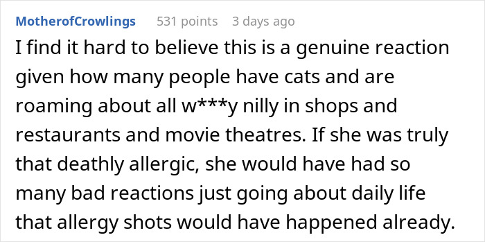 Comment discussing disbelief about man demanding ex rehomes cats due to new wife&rsquo;s severe cat allergy concerns.