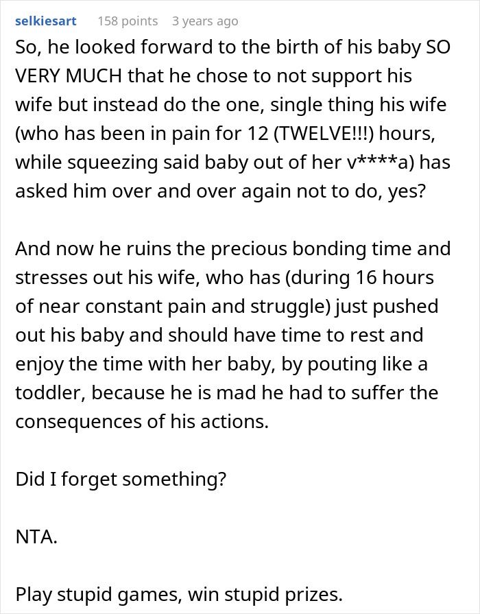 Text post explaining a man furious after wife removes him from delivery room due to inappropriate prank during childbirth.