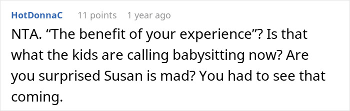 Reddit comment discussing rebooking a flight to avoid babysitting niece, highlighting debate on babysitting and family expectations. Reddit comment discussing rebooking a flight to avoid babysitting niece, highlighting debate on babysitting and family expectations.