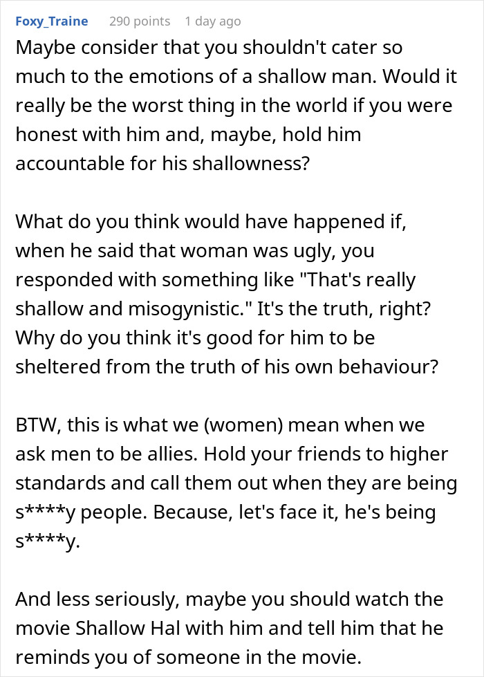 Comment discussing a man wanting to date influencer-like women and a friend giving him a reality check. Comment discussing a man wanting to date influencer-like women and a friend giving him a reality check.
