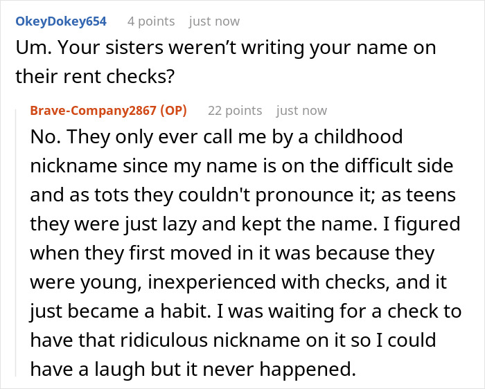 Conversation between roommates and sisters about rent checks revealing a secret about the woman secretly owning the house.