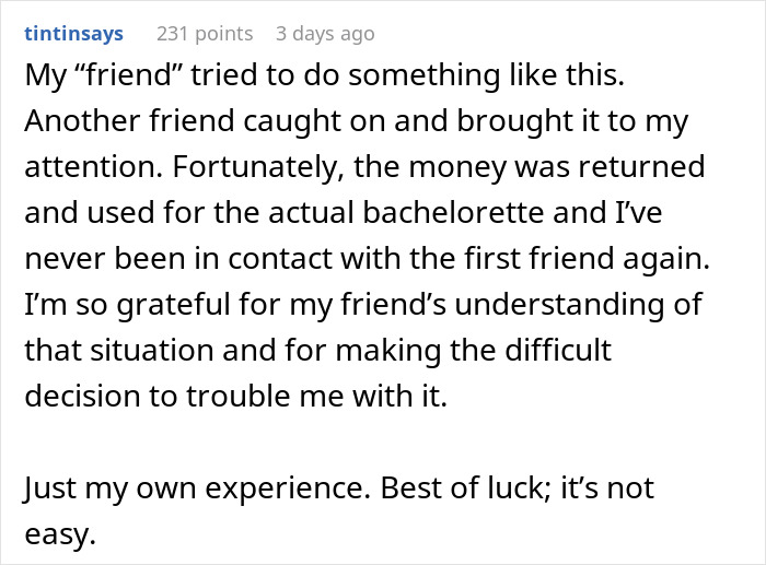 Screenshot of a forum post describing how a friend overcharged for the bachelorette and pocketed the money.