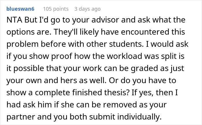Screenshot of an online forum post discussing a woman at risk of not graduating due to failing to contribute to a shared thesis.