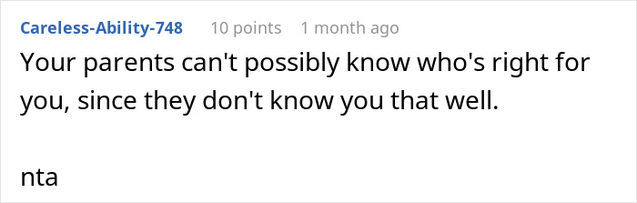 Screenshot of an online comment supporting a woman dating someone 16 years older despite parents' disapproval mid-dinner. Screenshot of an online comment supporting a woman dating someone 16 years older despite parents' disapproval mid-dinner.