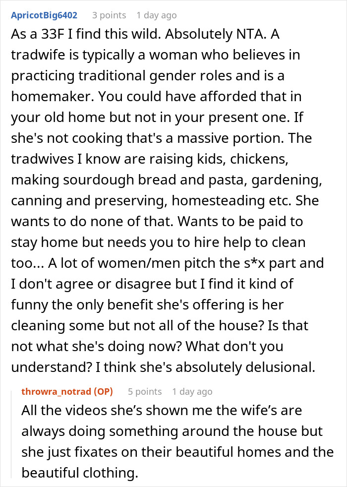 Commenter discusses traditional gender roles and the expectations of being a tradwife in a homemaking context.
