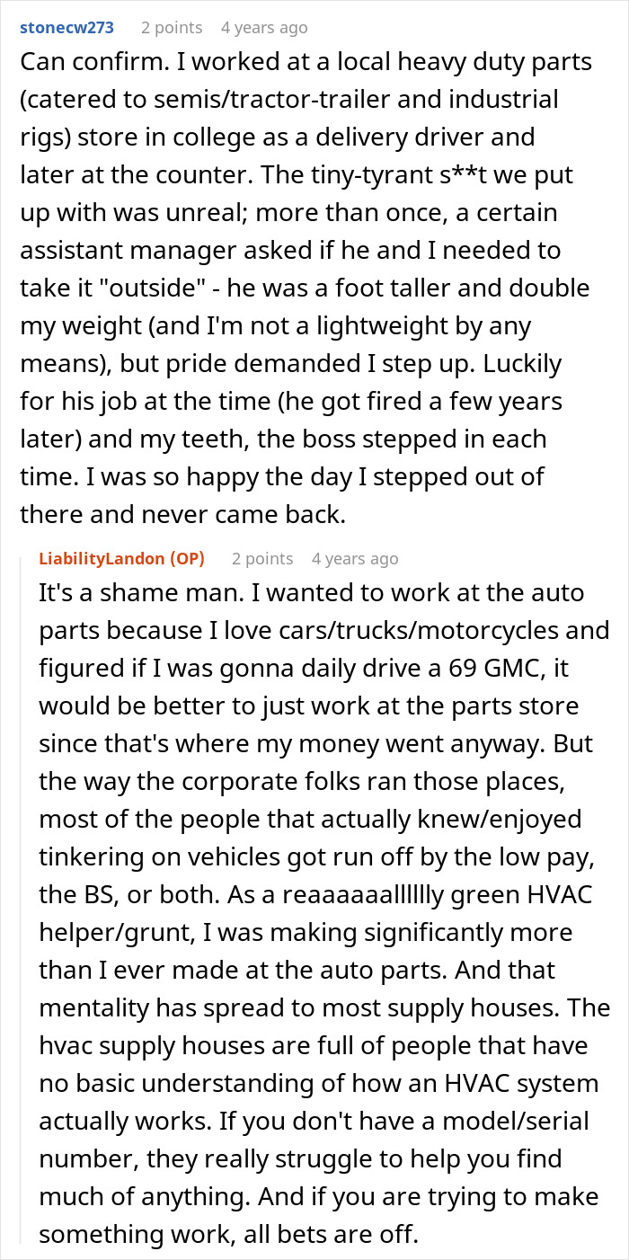 Reddit user shares experience working at auto parts store and dealing with difficult management and workplace challenges.