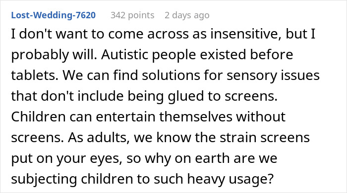 Text post discussing challenges of managing sensory issues in children without relying on screens during family stays with SIL&rsquo;s kid.