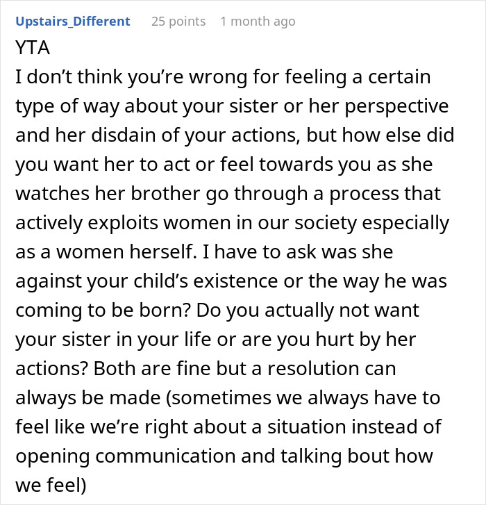 Text post discussing family conflict over surrogacy and how it is viewed as misogynistic and exploitative of women.