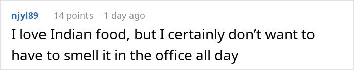 Screenshot of a social media comment discussing coworker saying woman&rsquo;s lunch smells too real in an office setting.