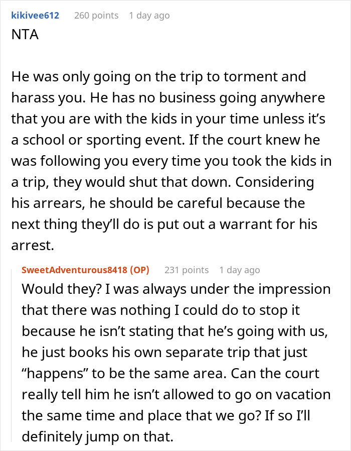 Screenshot of an online discussion about a woman not warning her deadbeat ex that his passport got revoked, stranding him in the airport.