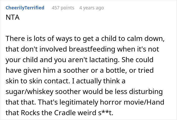 Comment discussing why mother-in-law breastfeeding baby she was watching is inappropriate and disturbing to mom.