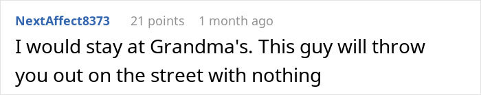 Comment text on a white background expressing advice about staying at Grandma's amid relationship conflict.