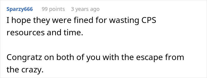 User comment on Reddit expressing hope for fines related to CPS calls and congratulating parties involved in a dispute.